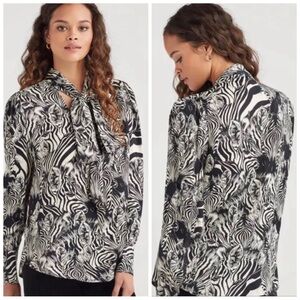 •7 FOR ALL MANKIND• Zebra Print Tie-Neck‎ Long Sleeve Blouse Top Size XS
